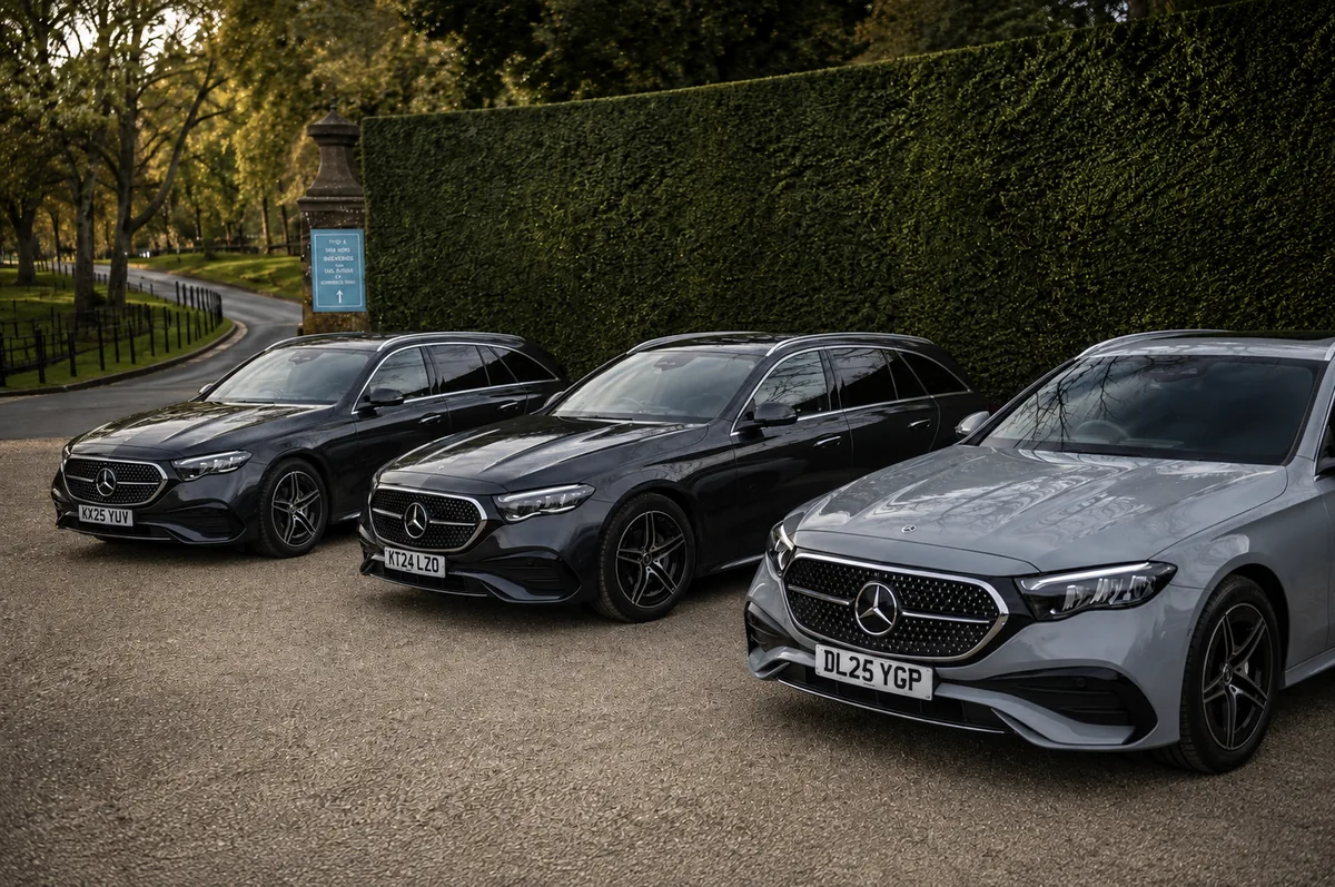 Three Streamline Mercedes E-Class cars lined up on a gravel drive